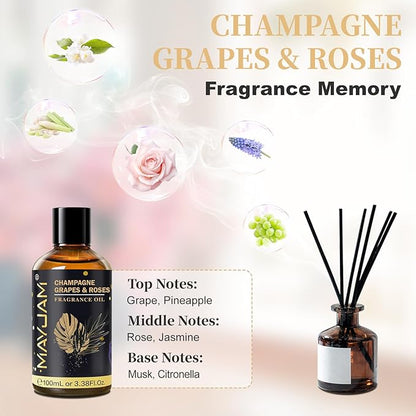 Champagne Grapes & Roses Fragrance Oil, MAYJAM 3.38FL.OZ Essential Oils for Diffusers for Home, Long Lasting Scented Oils for Soap Candle Making - 100ML