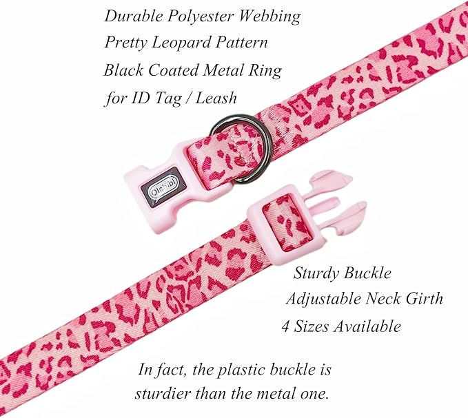Dog Collar Leash Set, Leopard Pattern, Polyester Material, Adjustable Collar and 5ft Matching Leash, for Puppy Dogs.(XS, Pink Leopard)