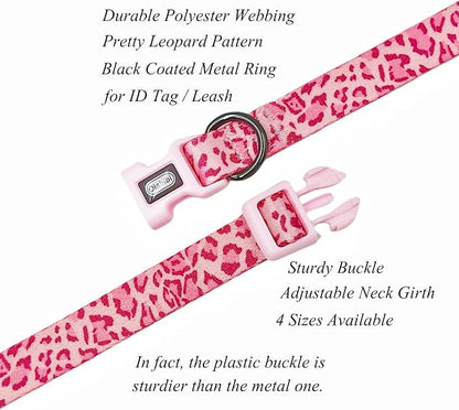 Dog Collar Leash Set, Leopard Pattern, Polyester Material, Adjustable Collar and 5ft Matching Leash, for Puppy Dogs.(XS, Pink Leopard)