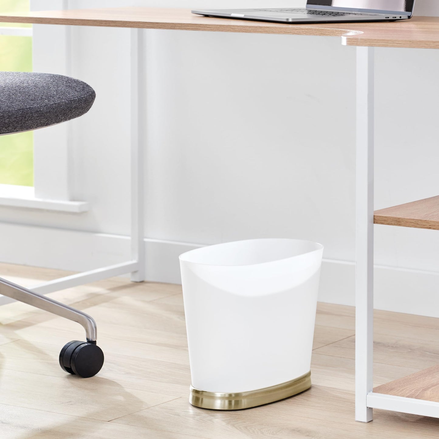 iDesign Slim Bathroom Trash Can, Small Plastic Garbage Can for Bedroom, Office, Desk, or Dorm, Frost/Soft Brass