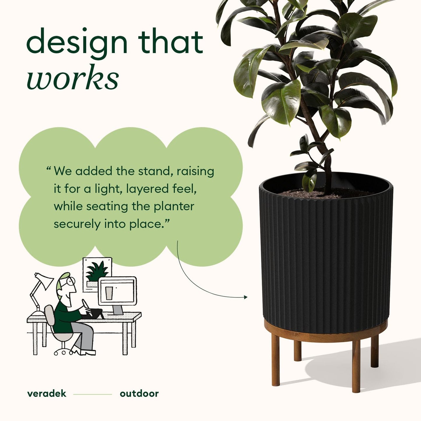 Veradek Demi Series Round Planter w/Stand for Porch/Patio | Durable Plastic-Stone Composite & Wooden Stand | Modern Décor for Tall Plants, Flowers