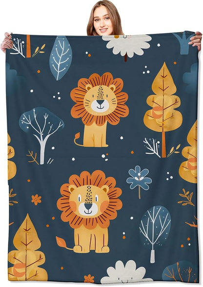 Lion Blanket Cute Cartoon Jungle Tree Throw Blankets,Birthday Gifts for Kids Adult & Animal Lovers,Lightweight Soft Fleece,for Sofa Couch Bed Room Rustic Safari-Themed Decor 60x80in