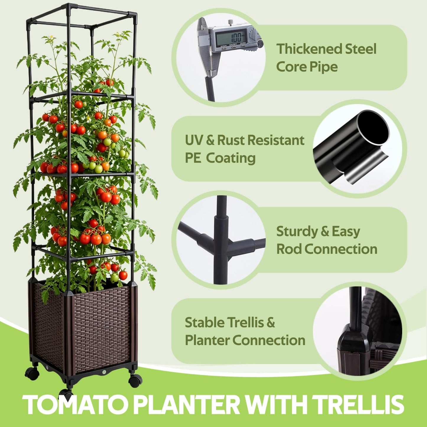 Jesosia Raised Garden Bed Planter Box with Tomato Cage - Self-Watering Tomato Planters with Trellis for Climbing Plants Outdoor - Vertical Gardening Tomatoes Pot with Trellis Wheels for Vegetable Vine