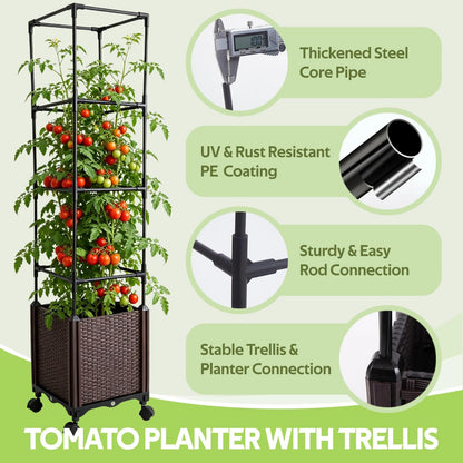 Jesosia Raised Garden Bed Planter Box with Tomato Cage - Self-Watering Tomato Planters with Trellis for Climbing Plants Outdoor - Vertical Gardening Tomatoes Pot with Trellis Wheels for Vegetable Vine