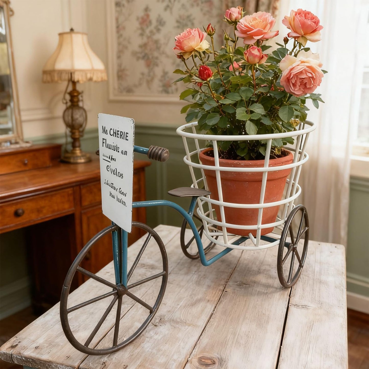 EINCORN Beautiful Iron Tricycle Flower Pots Holder Container with Deeping Basket for Living Room Indoor Outdoor Garden Decoration Beautiful Iron Tricycle Flower Pots Holder Container