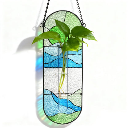 Stained Glass Plant Propagation Stations - Handmade Sunshine Catcher Hydroponic Planter Window Hanging with Glass Tubes, Terrarium Decor Gifts for Women Mom Plant Lovers, Green