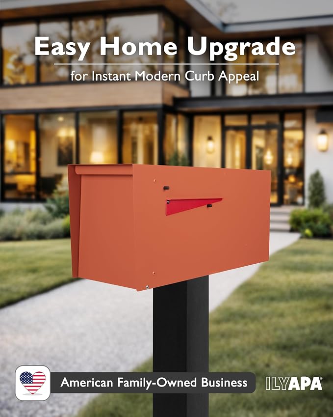 Ilyapa Modern Mailbox for Outside Post Mount - Terracotta Heavy Duty Powder Coated Metal Mailbox, Waterproof Letter Box for Parcels
