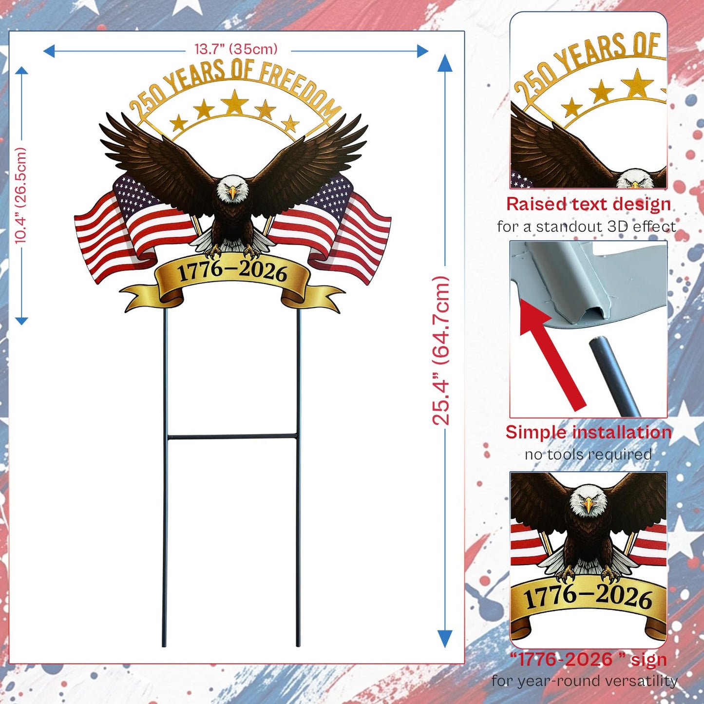 4th of July Decorations Outdoor,25.4" 250th Anniversary Patriotic Eagle Metal Decorative Garden Stakes for Memorial Day Independence Day USA Garden Decor, Red White Blue Americana Welcome Yard Signs