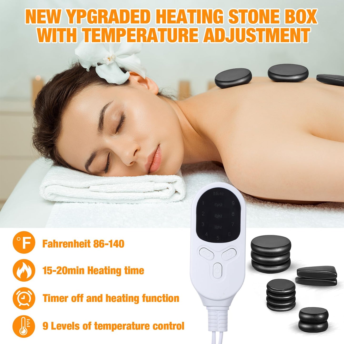Yunsailing Hot Stones Massage Set with Warmer Kit Hot Rocks Massage Heater Kit with Adjustable Temperature Basalt for Home Spa, Pain Relief, and Relaxation (11 Stones and 3 Sticks)