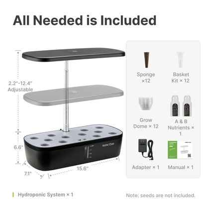SUNCOZE Hydroponics Growing System Kit 12 Pods, Indoor herb Garden with 20W LED Grow Light, Visible Water Tank with Pump, 2.2"-12.4" Adjustable Height Indoor Gardening System, Gardening Gifts, Black
