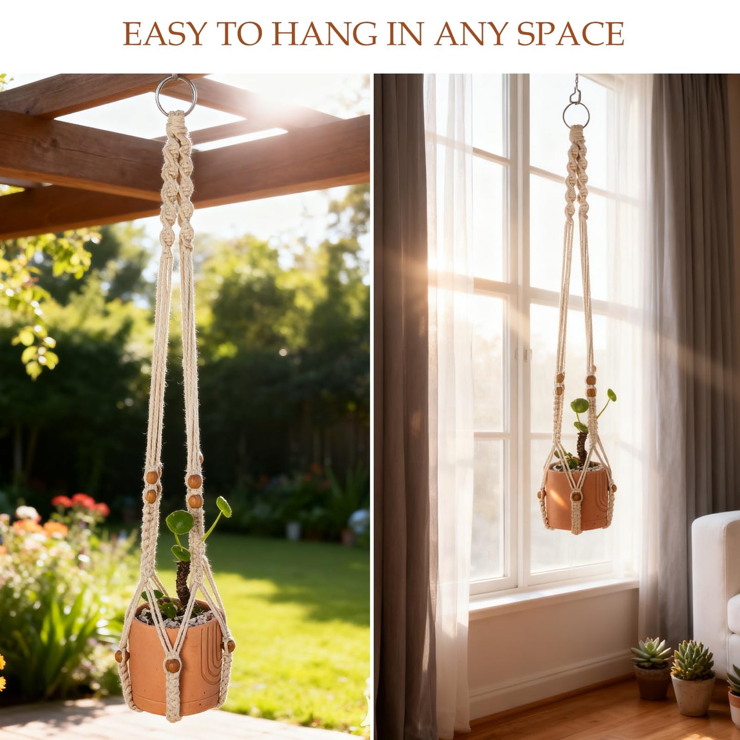 Beciway 2-Pack Macrame Plant Hangers with Wood Beads – 34 Inch White Hanging Planters, Boho Indoor Outdoor Flower Pot Holders, No Tassels (Pots Not Included)