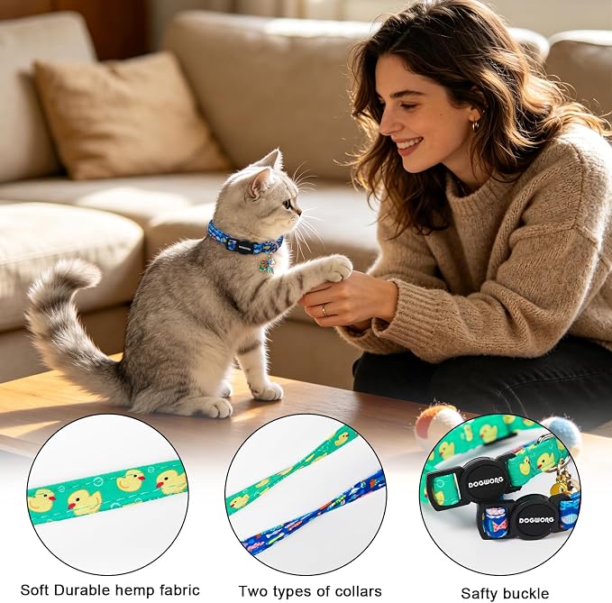 2 Pack Summer Duck Kitten Collar Breakaway with Bell, Adjustable Fish Cat Cotton Collar for Girl Boy Cat and Small Pet，Adjustable Kitten Collar 7-12 Inch