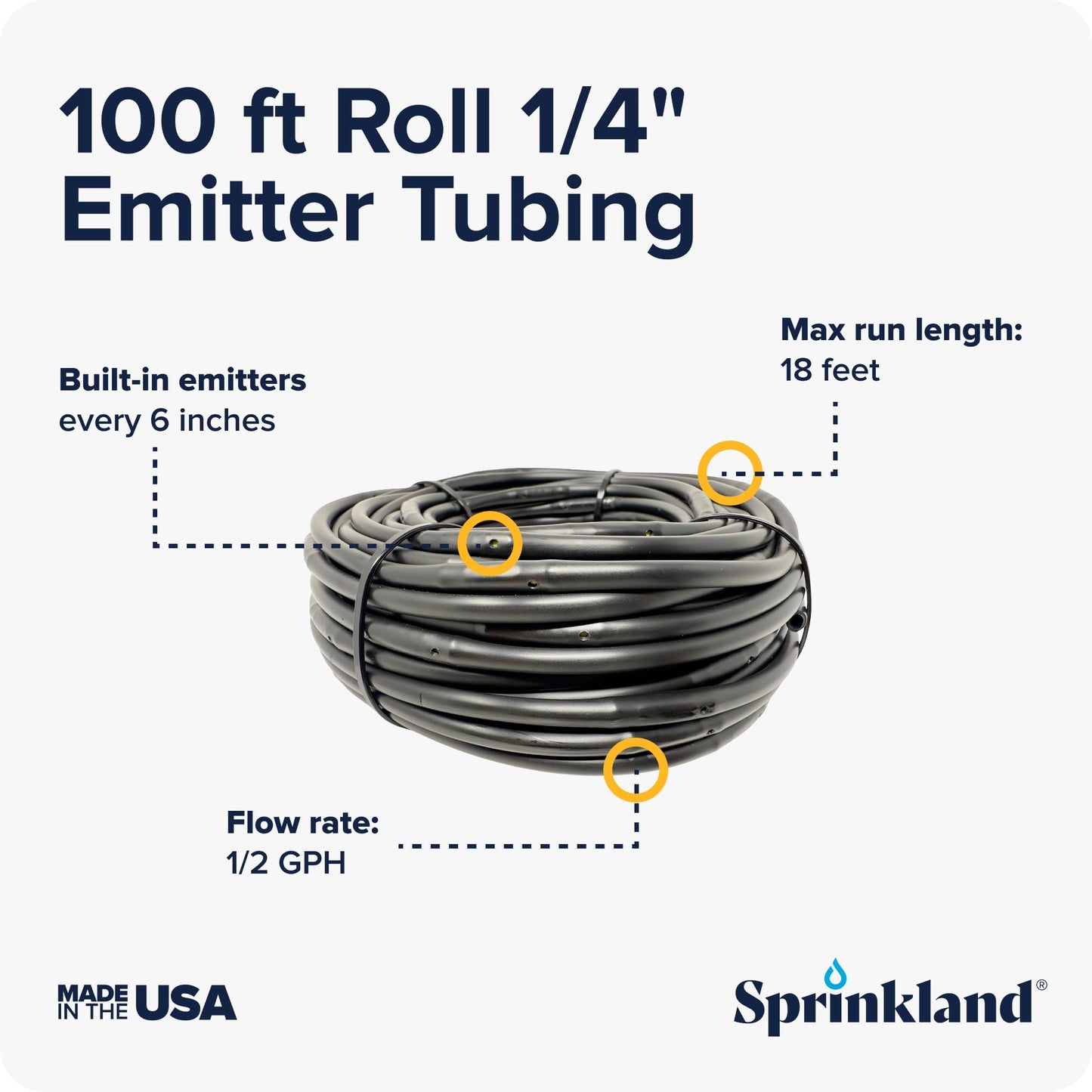 Sprinkland® 1/4" Dripline | Made in USA | 100' ft. Roll | 6" Emitter Spacing | Drip Irrigation Fittings Included