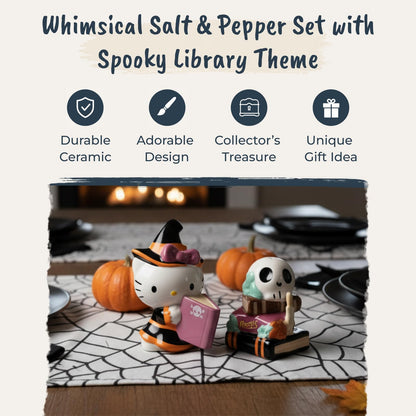 Blue Sky Clayworks Hello Kitty Spooky Library Salt & Pepper Shaker Set, Ceramic, 6" L x 3" W x 4" H, Witchy Bookish Duo