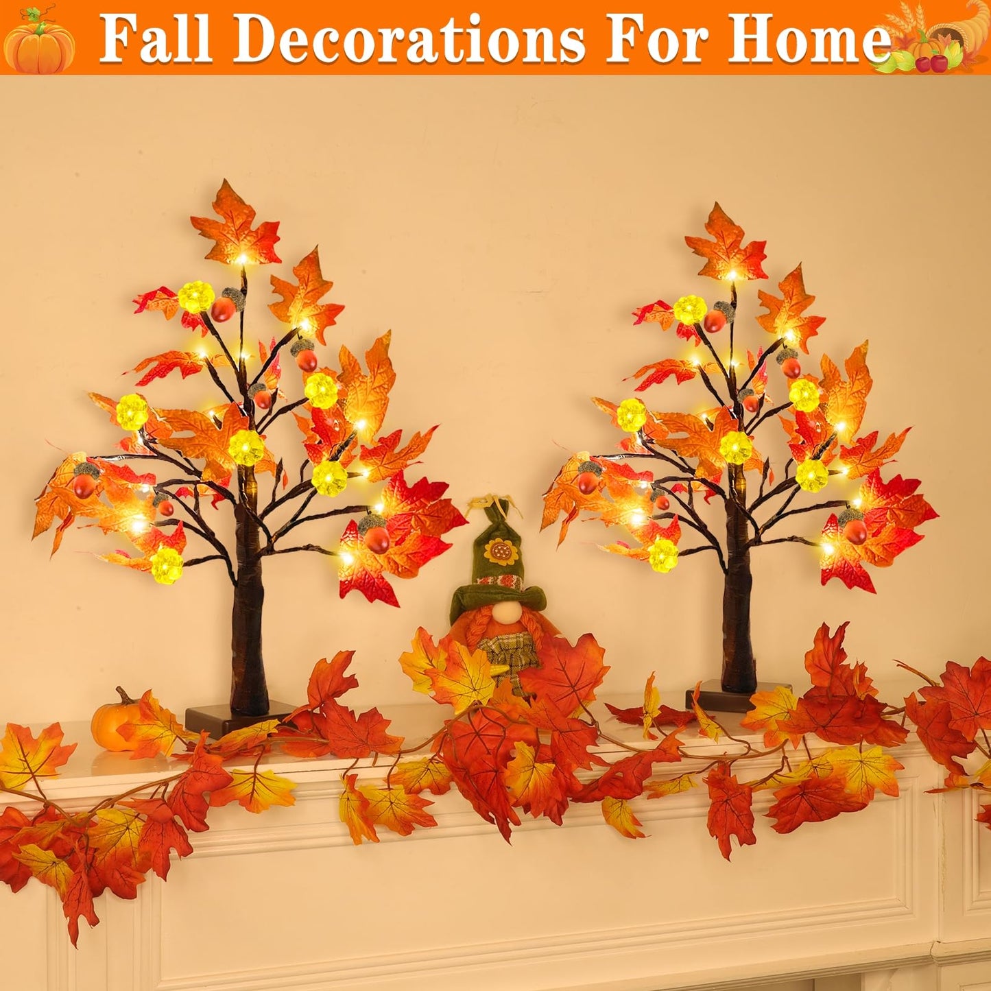 TURNMEON Fall Decor 2 Pack 18 Inch Prelit Fall Maple Tree Fall Decorations for Home with 48 LEDs Timer Battery Operated Pumpkin Lights Lighted Thanksgiving Halloween Decor Table Mantle Indoor Outdoor