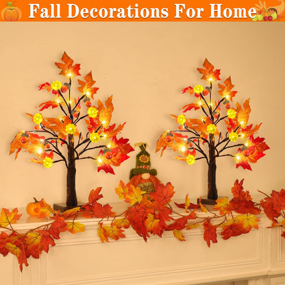 TURNMEON Fall Decor 2 Pack 18 Inch Prelit Fall Maple Tree Fall Decorations for Home with 48 LEDs Timer Battery Operated Pumpkin Lights Lighted Thanksgiving Halloween Decor Table Mantle Indoor Outdoor