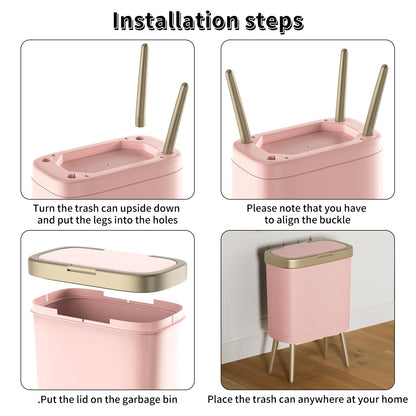 Procade Bathroom Trash Can with Lid, 4 Gallon Pink Garbage Can, Tall Plastic Trash Bin with Push Button, Slim Gold Trash Can Waste Basket for Room, Bedroom,Office,Kitchen