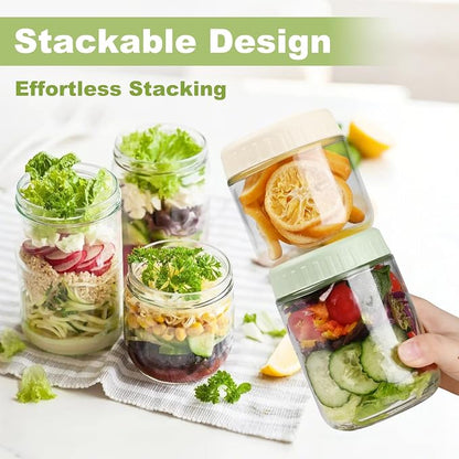 SHOWIN Overnight Oats Containers with Lids, 24oz Glass Jars with Lids 4 pcs, Taffy, Wide Mouth Mason jars for Salad, Yogurt, Snacks, Meal Prep
