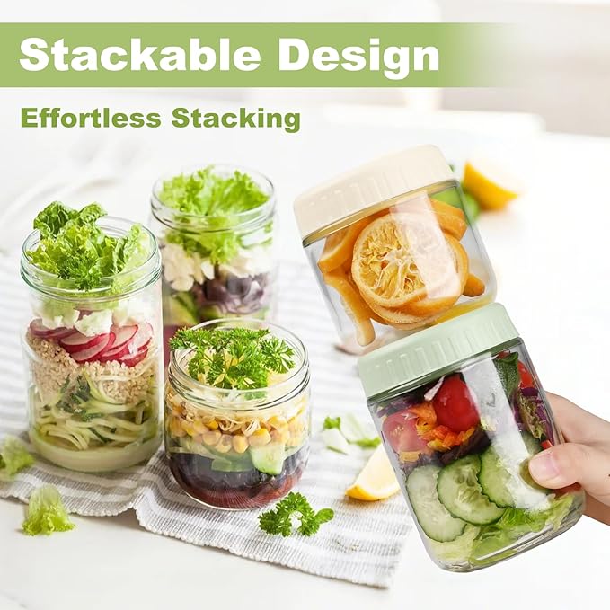SHOWIN Overnight Oats Containers with Lids, 24oz Glass Jars with Lids 4 pcs, Candy, Wide Mouth Mason jars for Salad, Yogurt, Snacks, Meal Prep