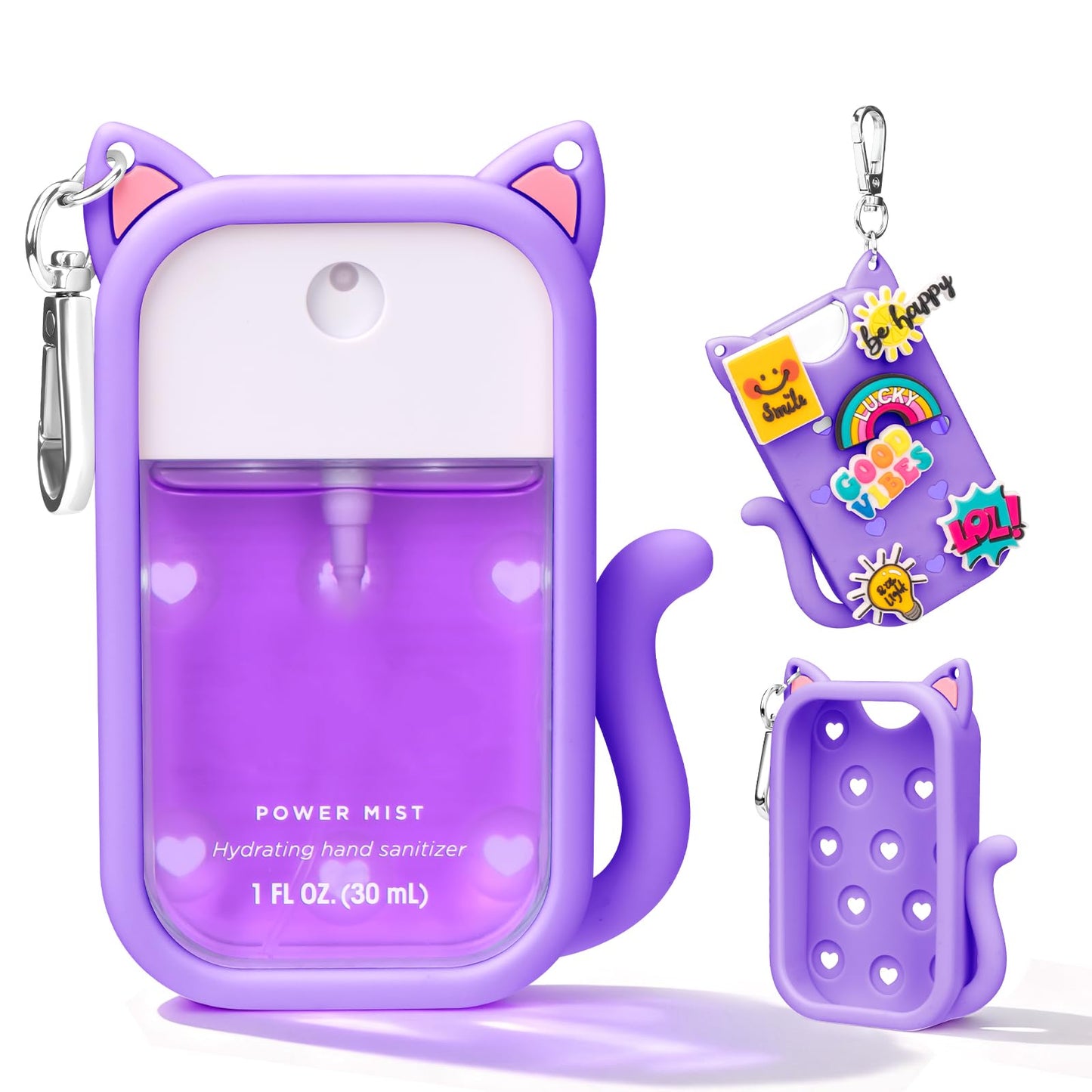 Cat Silicone Case for Touchland Hand Sanitizer Spray with Keychain, Compatible with Power Mist & Glow Mist 1 FL Oz/30ML for Touchland Case, with Charms Accessory Cute Travel Cover Sleeve Purple