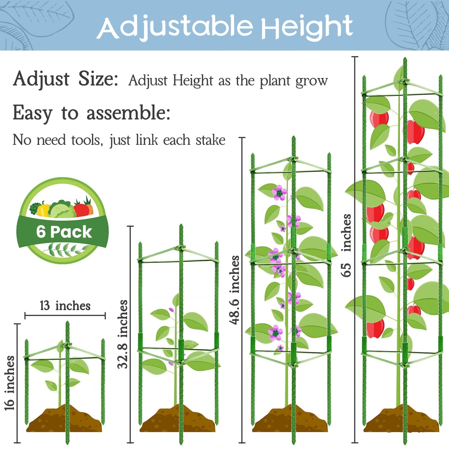 Legigo 6-Pack Tomato Cage for Garden Plant Support- Up to 63inch Garden Stakes Tomato Cage, Tomato Trellis for Potted Plants, Tomato Cages Plant Stakes for Climbing Vegetables Plants Flowers