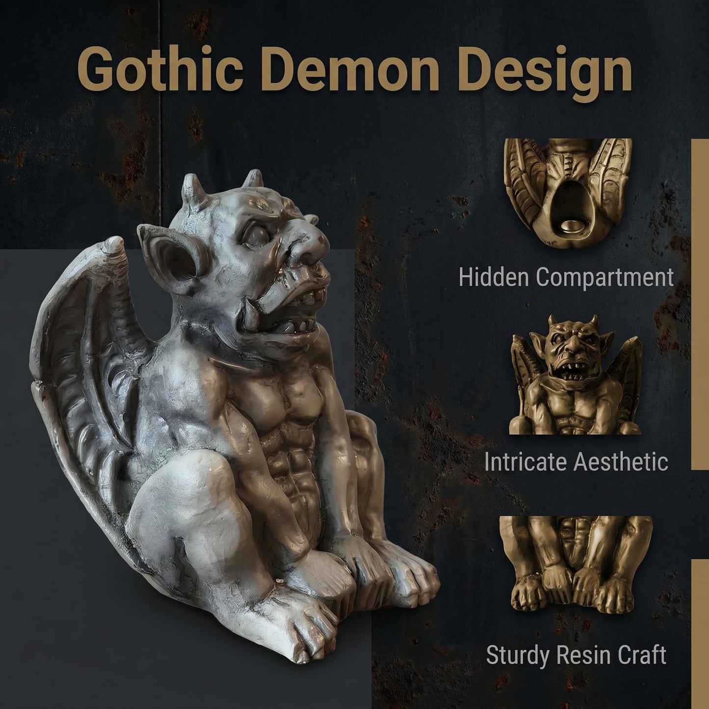 Gothic Gargoyle Incense Burner, Resin Demon Statue, Medieval Monster Figurine, Grey, 3.2 in. Tall, for 1x1 in. Cones, Halloween Decor
