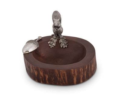 Vagabond House Wood Nut/Candy Bowl with Standing Pewter Squirrel and Metal Pewter Scoop 8 inch Diameter
