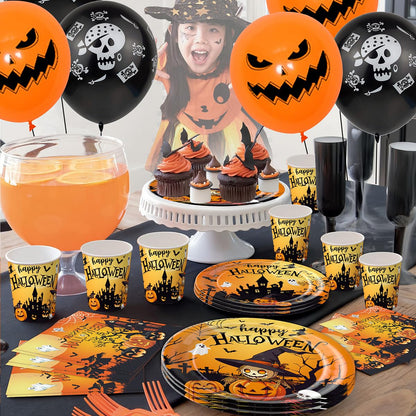 212Pcs Halloween Party Supplies Tableware Set for 24 Guests Disposable Pumpkin Ghost Themed Dinnerware Includes Paper Plates Napkins Cups Forks Knives Spoons Halloween Balloons, Banner & Tablecloth