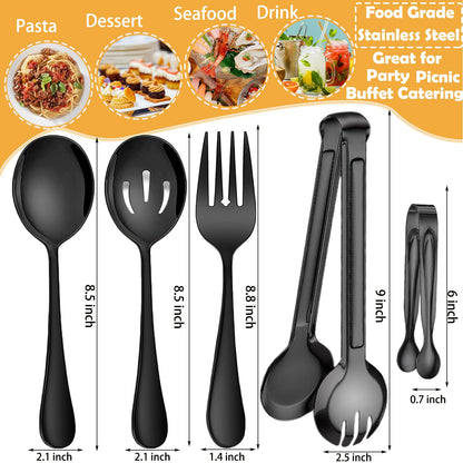IAXSEE 10 PCS Stainless Steel Serving Utensils, Large Serving Spoons Slotted Spoons, Serving Forks, Serving Tongs, Ice Suger Tongs, Metal Utensils Set Great for Buffet Catering Banquet Party (Black)