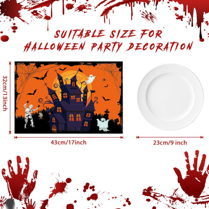 Halloween Plastic Placemats Set of 6 Table Mats Kitchen Decor Wipe Clean Washable Orange Halloween Place Mats for Indoor Outdoor Heat Resistant Kitchen Dining Table