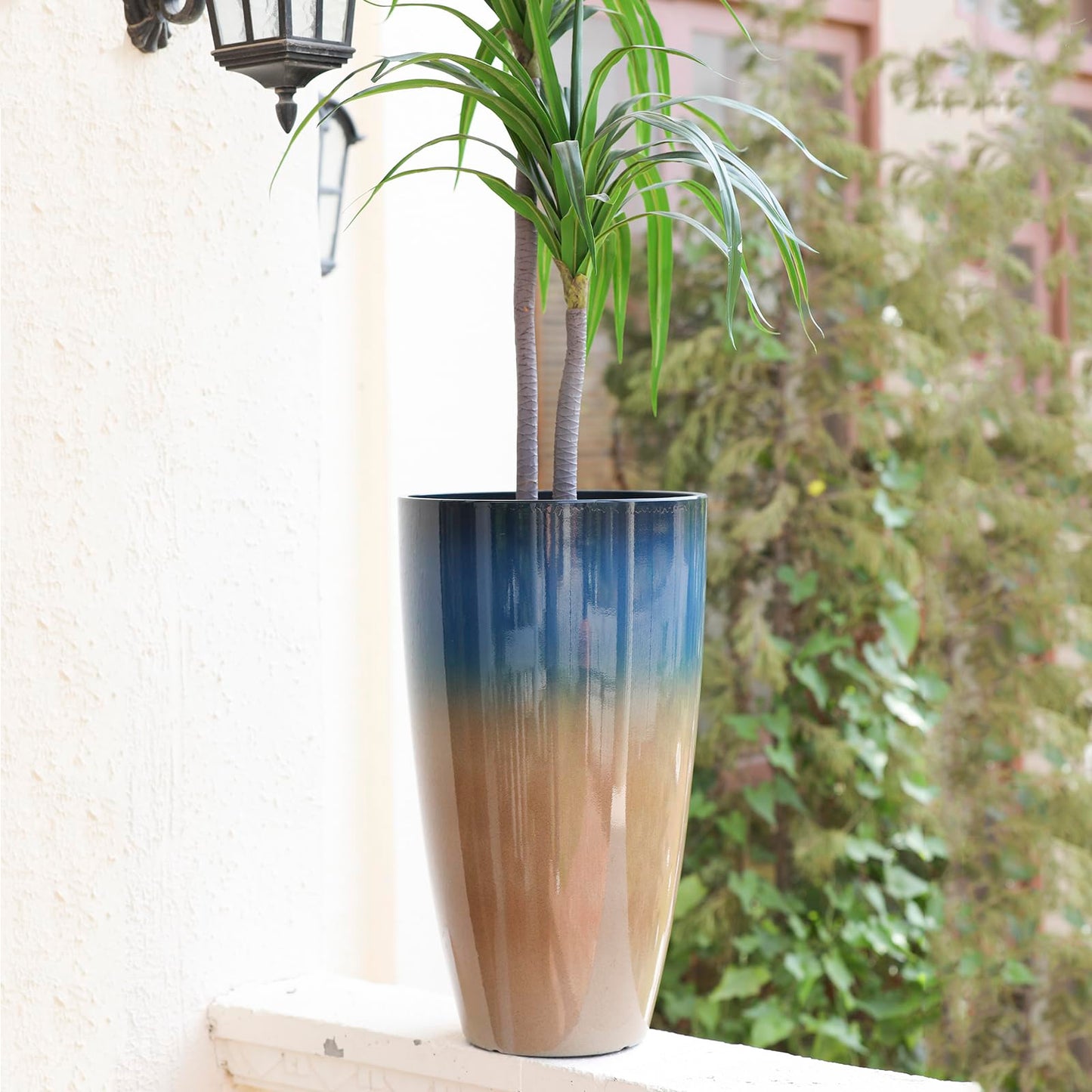 SE SUN-E Tall Planters for Outdoor Plants, Heavy-Duty Plastic Lightweight Flower Pots Blue to Khaki Gradient Garden Pots Porch Planters Outdoor Set of 2 Gifts for Plant Lovers