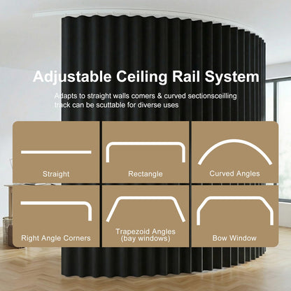 Room Divider Curtains Flexible Ceiling Tracks set,Blackout Ceiling Track Curtain for Sliding Glass Door Living Room Bedroom,Ceilings Curtain Rod Privacy Divider Panel W100xH84 Black Drape&White rail