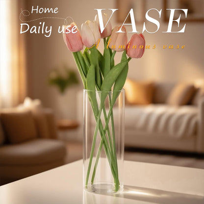 Glass Cylinder Vase with LED Wooden Base - 7.9 Inch Clear Glass Flower Bud Vase Pampas Grass, Light Up Terrarium for Plants, Fish Bowl Centerpiece, Home Decor Gift for Women Mom - Warm Light