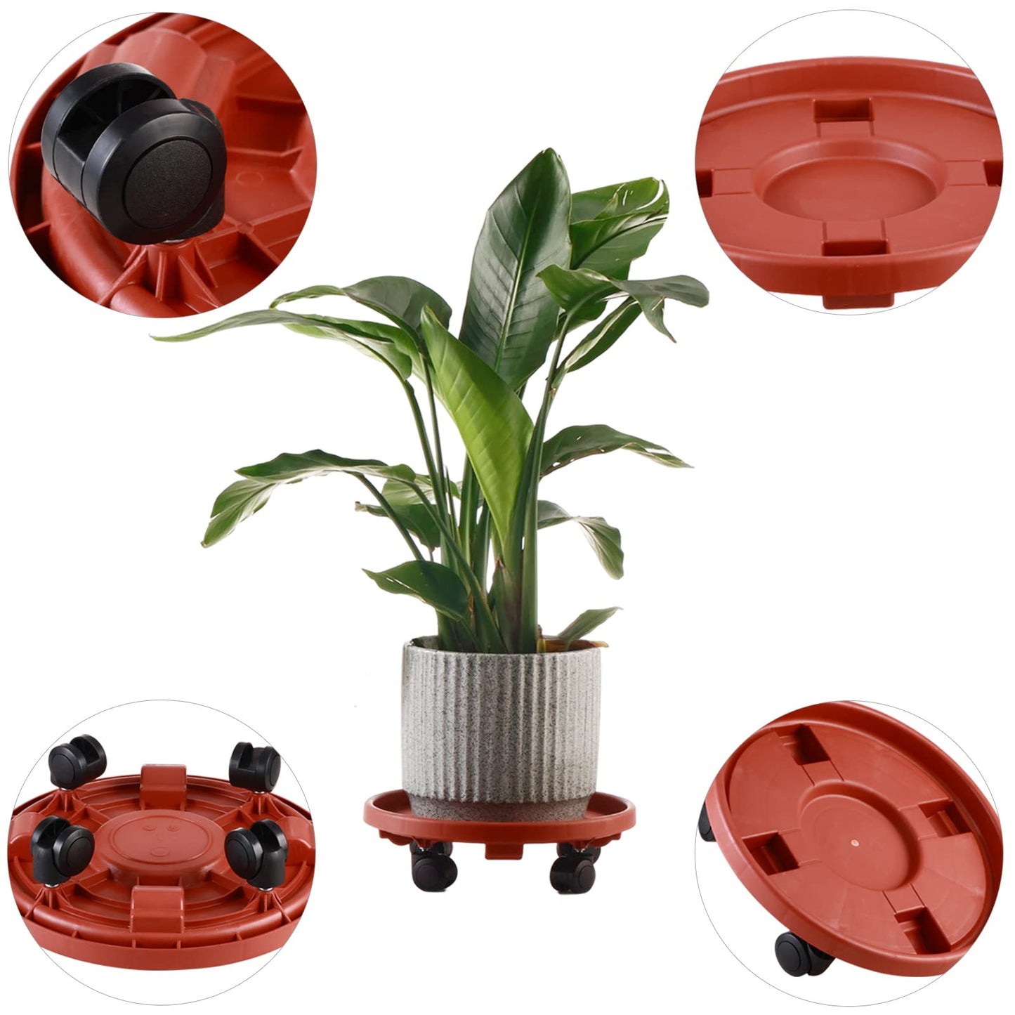 3 Pakcs Large Plant Caddy with Wheels 15.8" Rolling Plant Stands Heavy-duty Plastic Plant Roller Base Pot Movers Plant Saucer on Wheels Indoor Outdoor Plant Dolly with Casters Planter Tray Red