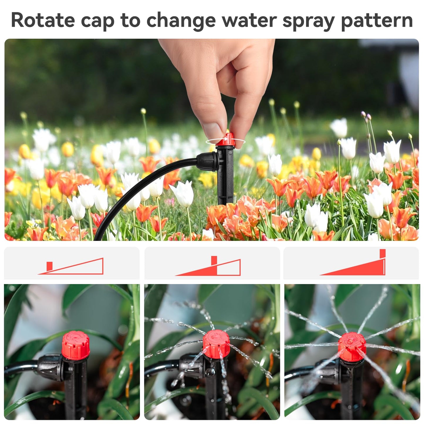 Drip Irrigation Emitters for 1/4" Drip Irrigation Tubing - Adjustable 360 Degree Water Flow Drippers on 5" Arrow Stake for Garden Watering System (25pcs Drip Emitters with Lock Barbed)