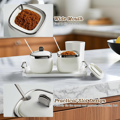 EABOSON Ceramic Sugar Bowl 2 Pack, Porcelain Seasoning Jar with Tray, Spoon and Lid for Sugar, Pepper, Coffee, Spice, Salt (silver)