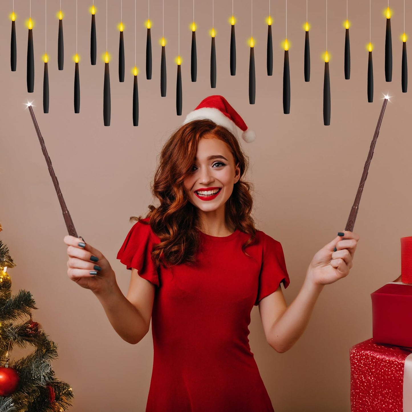 NURADA Floating Candles with Wand Remote Timer - 24 Pcs Magic LED Hanging Flameless Taper Candles Flickering Battery Operated for Birthday Theme Party Holiday Home Halloween Decor - Black