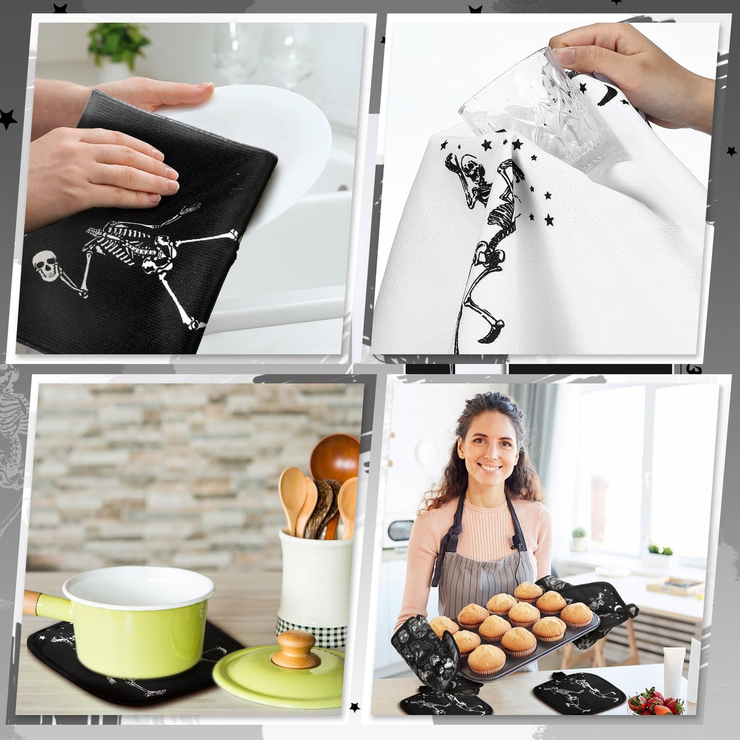 Fourluoo 10 Pcs Skeleton Kitchen Set Kitchen Towels and Rugs Oven Mitts and Pot Holders Gothic Decor and Accessories for Gift Cooking Baking Grilling