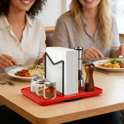 Rotating Napkin Holder for Table, Bamboo Standing Napkin Dispenser with Salt Pepper Shakers Caddy, Black Metal Paper Napkin Holders for Kitchen Dining Table Farmhouse Decor, Shakers Not Included
