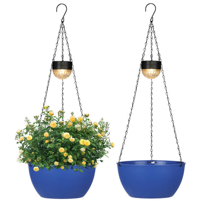 SUNNYPARK 2 Packs Hanging Planters Basket for Outdoor Plants, Solar Powered Self Watering Blue Round Plastic Flower Pots with Drainer for Balcony Patio Garden Outdoor Decoration