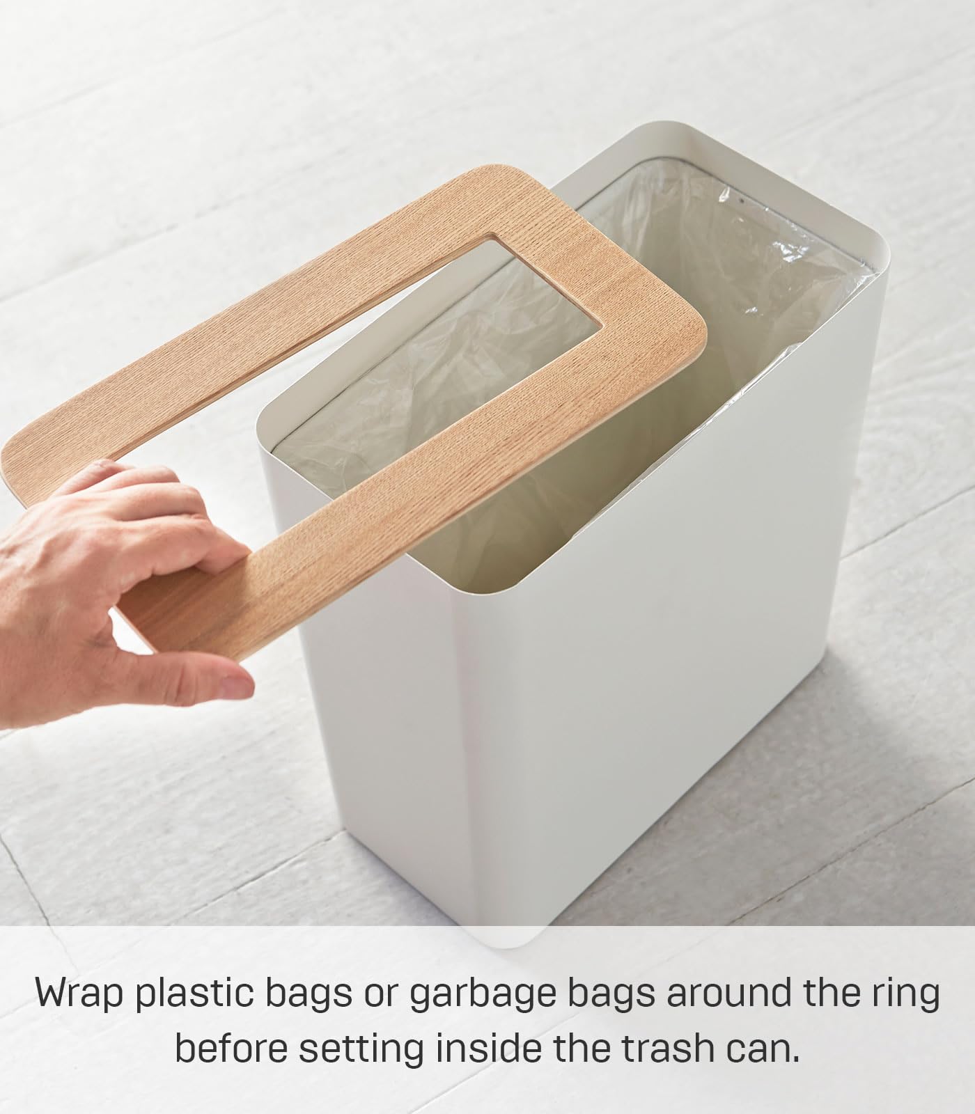 YAMAZAKI Home Rin Trash Can - Small Modern Home Wastebasket for Bathroom Kitchen Office - Steel + Wood