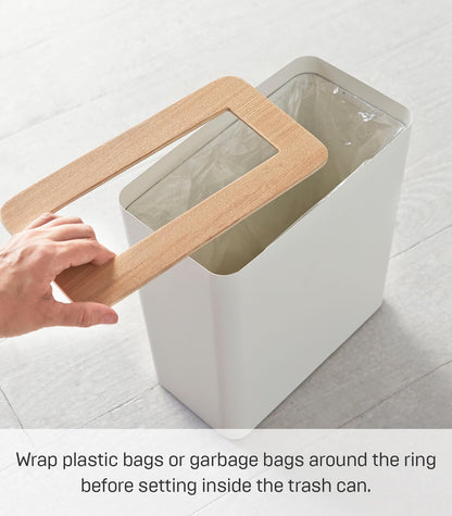 YAMAZAKI Home Rin Trash Can - Small Modern Home Wastebasket for Bathroom Kitchen Office - Steel + Wood