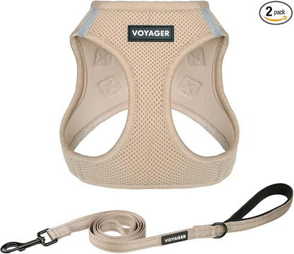 Best Pet Supplies Voyager Step-in Air All Weather Mesh Harness and Reflective Dog 5ft Leash Combo with Neoprene Handle, for Small, Medium and Large Breed Puppies - Khaki, L