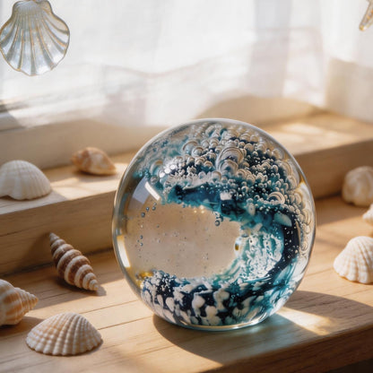 KWASVLYA Hand Blown Ocean Wave Crystal Ball Blue Crystal Art Decorative Sphere Paperweight for Desk Decor, Stress Relief Gift for Ocean Lovers & Women