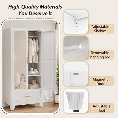 Metal Wardrobe Storage Cabinet with Mirror and Hanging Rod,71'' Metal Clothing Cabinet with 2 Doors and Drawer for Bedroom, Laundry Room, Cloak Room (White)