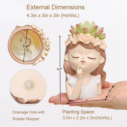 Snowy sunday Girl face planters -Fantasy 2pack Cute Big Succulent Pot with Drainage Hole Tall Lady Head Planter Resin Flower Pot Decorative vase for Indoor/Outdoor Plants Gifts for mom/Aunt/Lover