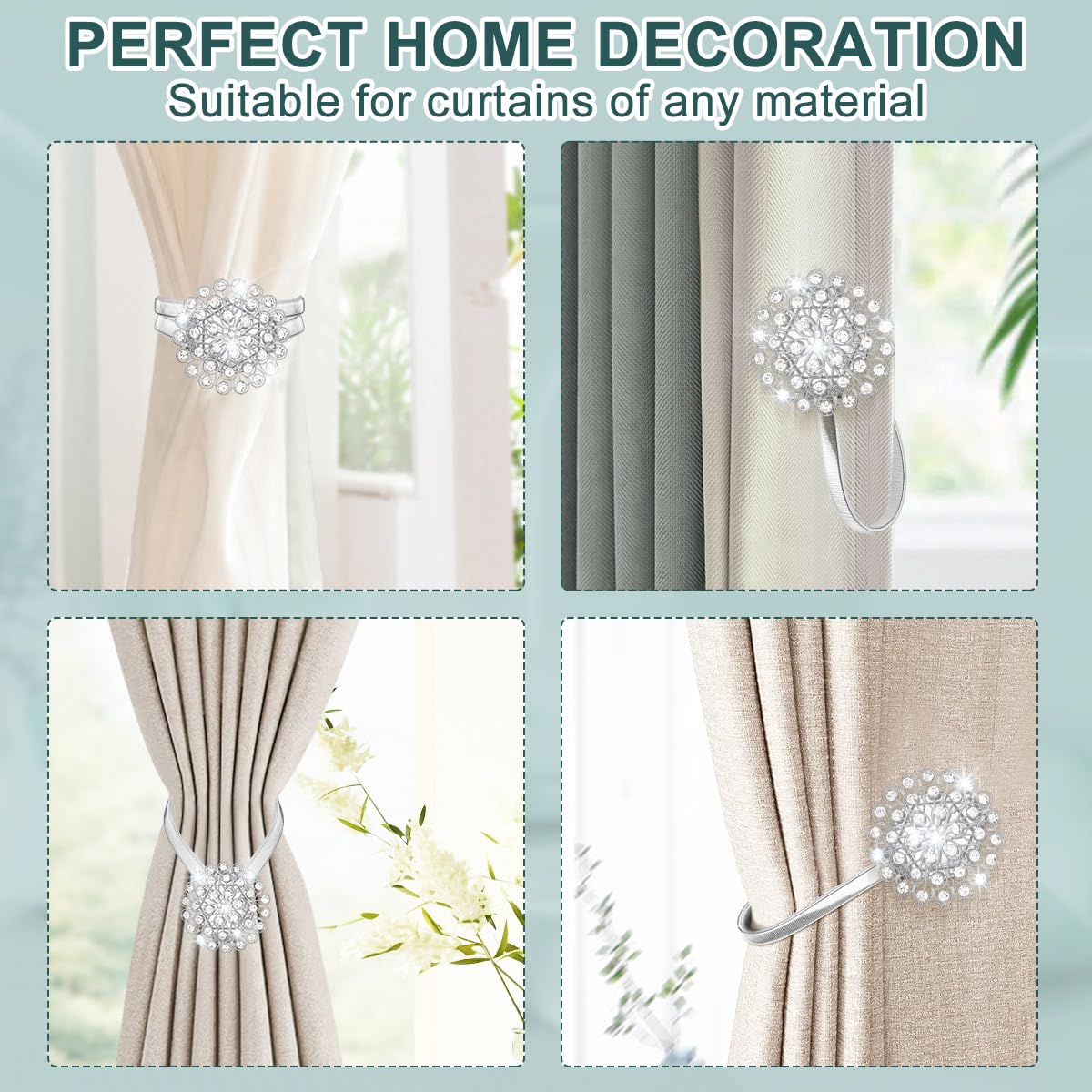 AULEEP Magnetic Curtain Tiebacks, 4 Pack Magnetic Crystal Decorative Drapes Curtain Clips Buckle, Flower Curtain Tie Back, European and American Style (Silver)
