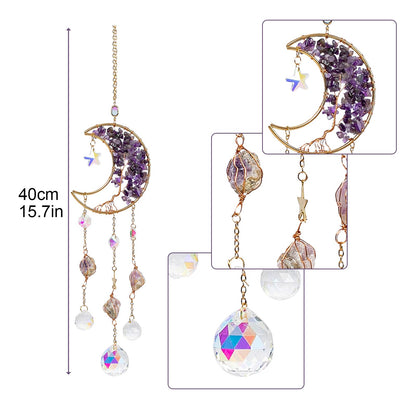 TUOKING Amethyst Crystal Moon Suncatchers for Window Hanging Tree of Life Natural Healing Stones Wind Chimes Sun Catcher Rainbow Maker Good Luck Gifts Decor for Home Garden