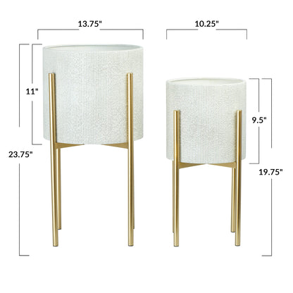 Main + Mesa Modern Boho Embossed Metal Planters with Stands, White and Gold, Set of 2 Sizes