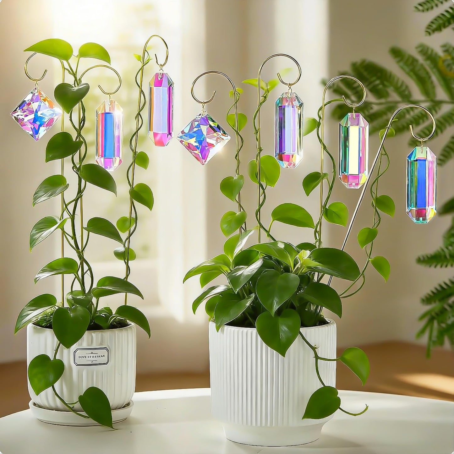 Kanpura 7 Pieces Crystal Prisms Suncatchers with 13.7 ’’ Small Trellis for Mini Potted Plants Garden Accessories Indoor Fairy Plant Suncatchers Gift for Plant Lovers (AB)